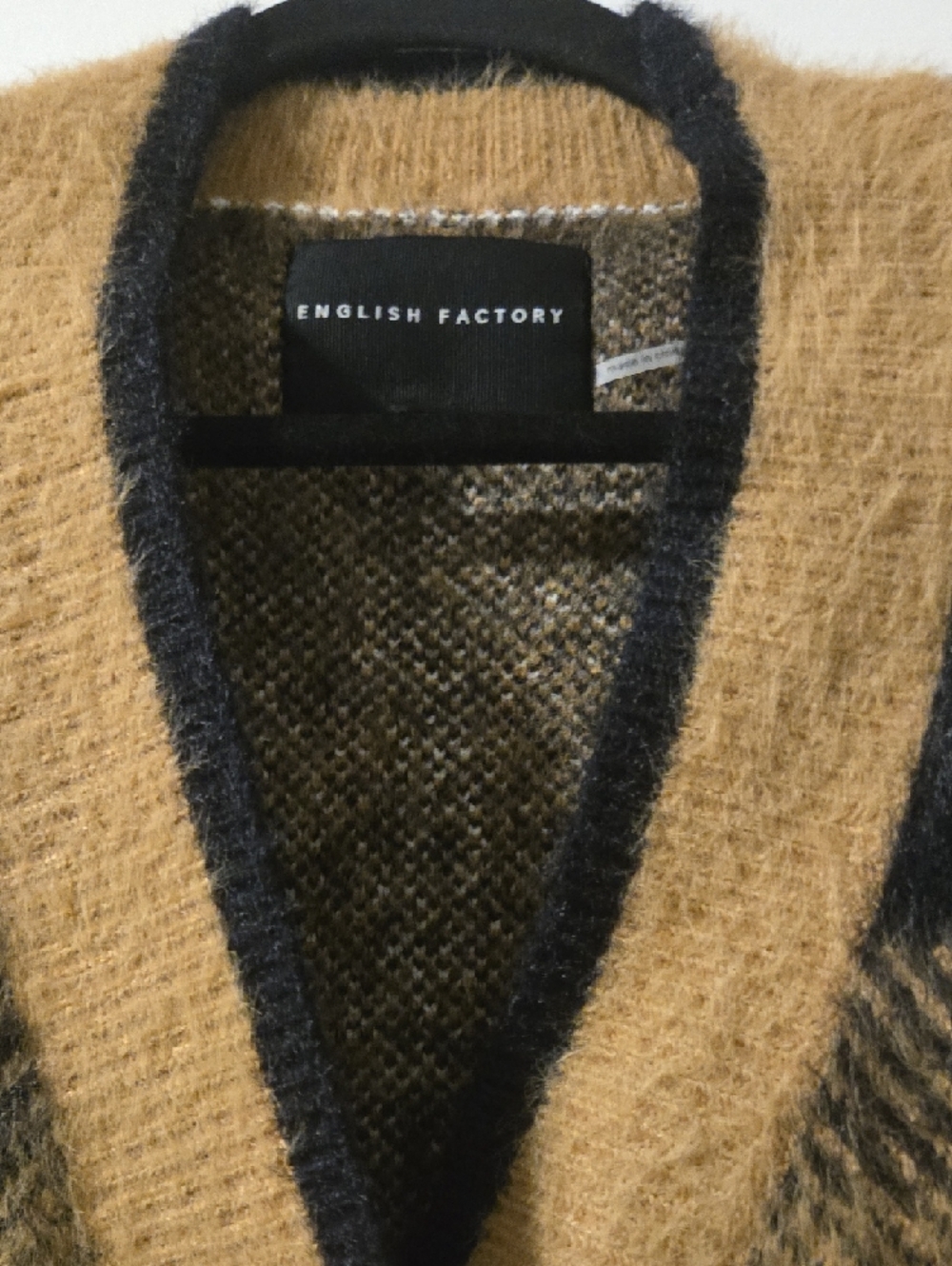 English Factory Beige and Black Plaid Fuzzy Button Cardigan - Picture 3 of 3